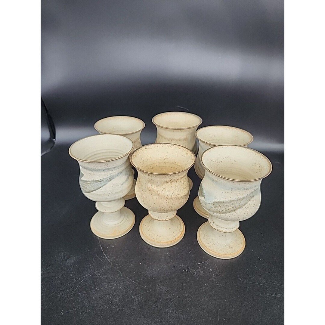 Set of 6 Hand-Thrown Art Pottery Chalices – Signed – Studio Goblets – VTG