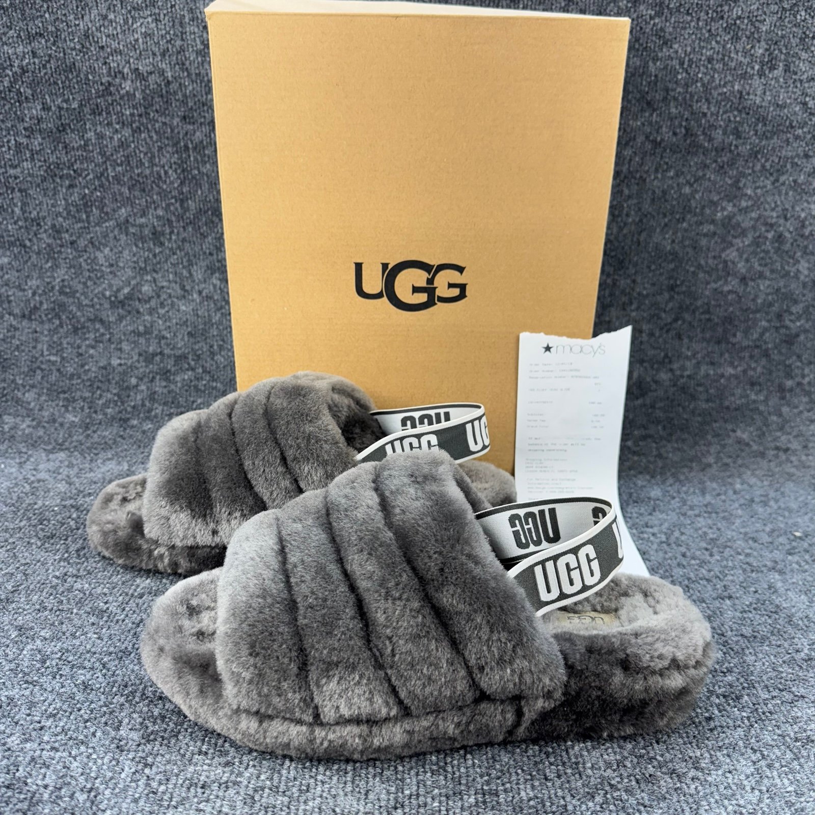 UGG FLUFF Yeah Slide Sheepskin Slipper Sandals (Charcoal) 1095119 Women’s Size 9