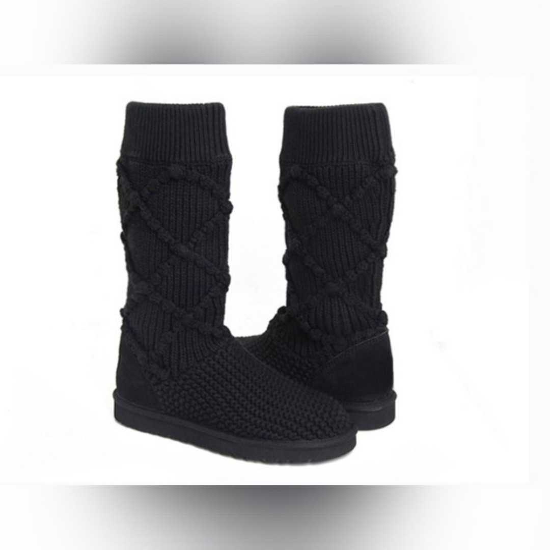 UGG Classic Argyle Knit Textile Women's Knee High Sweater Black Boots 8