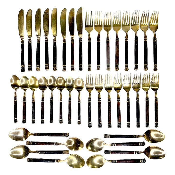 Pottery Barn Vintage Bronze & Rosewood Flatware - Service for 8