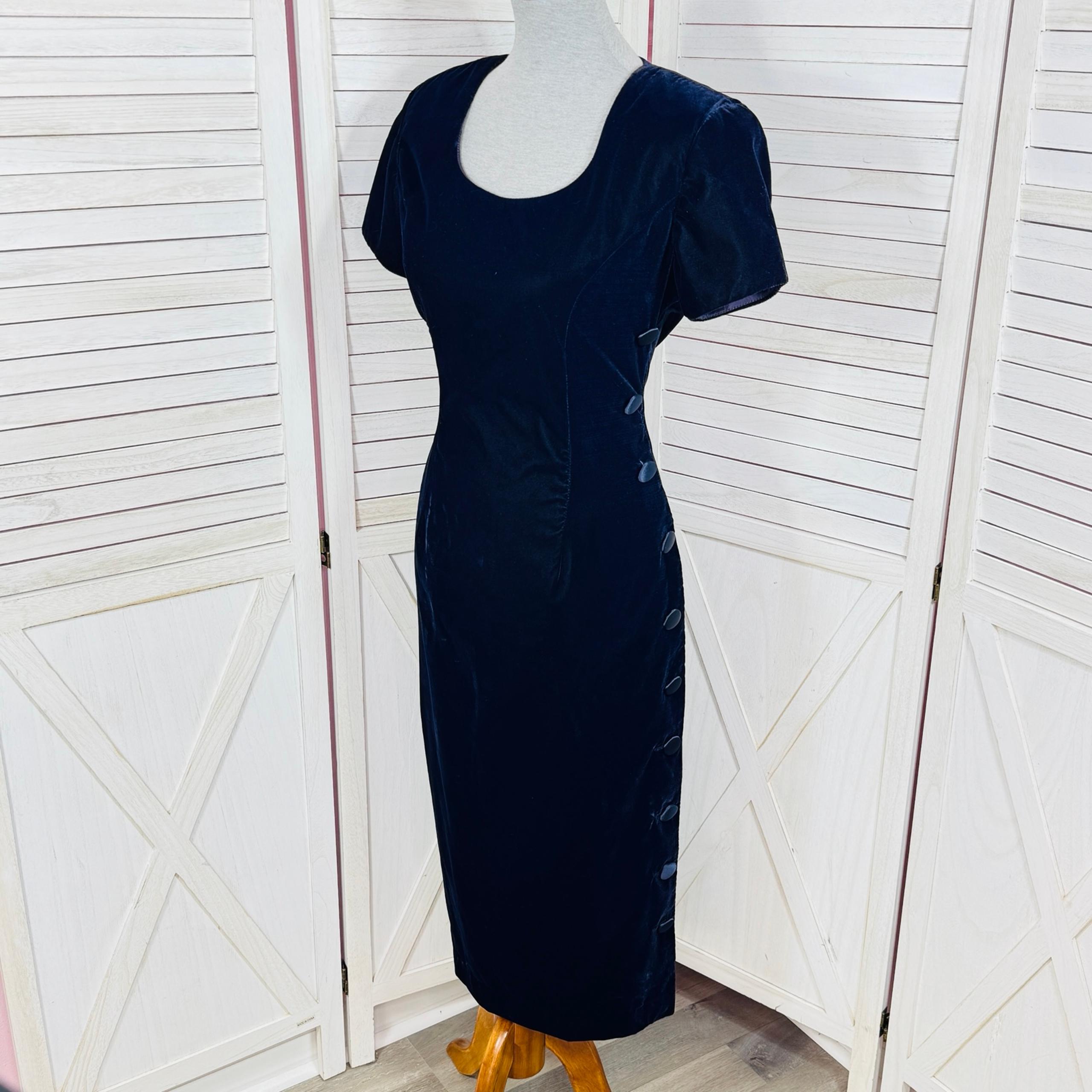 Vintage 90s Jessica Howard Velvet Button Side Midi Pencil Dress Navy Blue 10