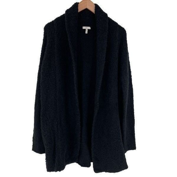 Joie Solome Fuzzy Teddy Wool Blend Shawl Collar Cardigan Sweater Black Medium