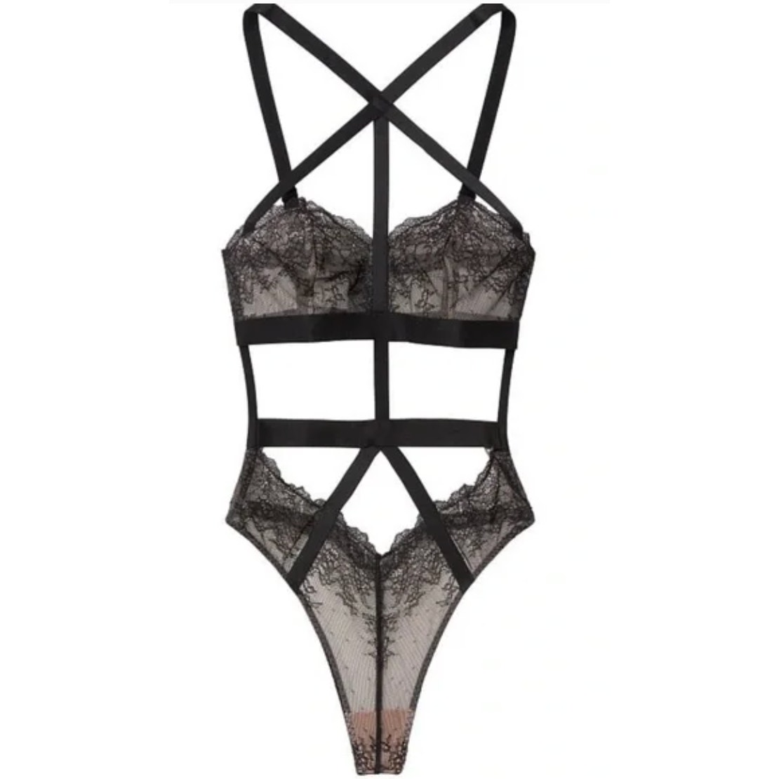 Victoria's Secret Very Sexy Black and Nude Lace Strappy Snake Charmer Teddy