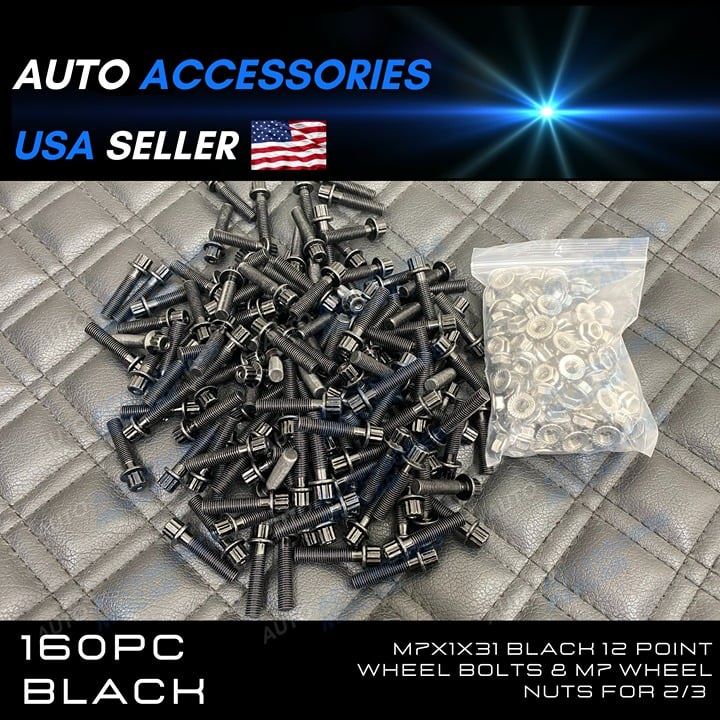 160pcs M7x1x31 Black 12 Point Wheel Bolts & M7 Wheel Nuts for 2/3