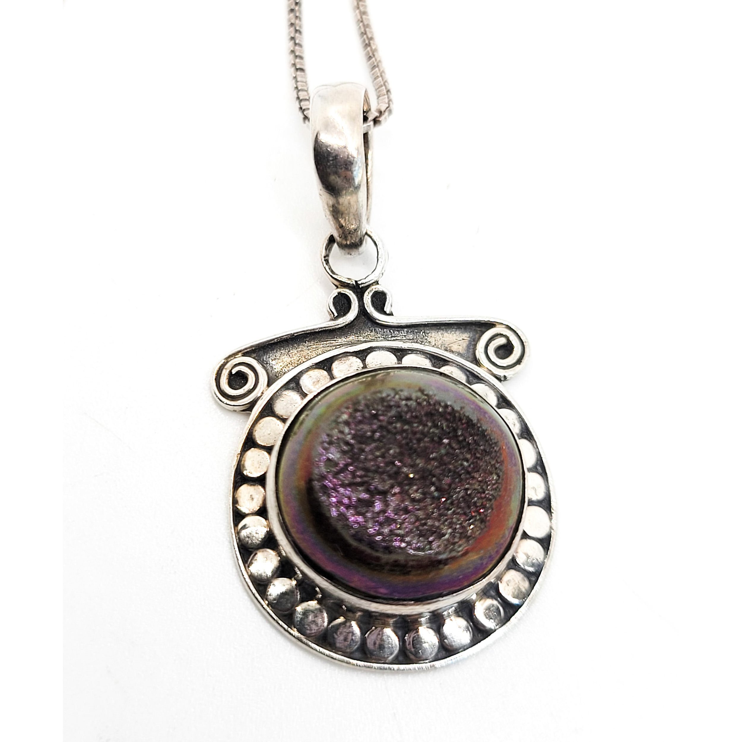 Druzy titanium angel aura purple gold sterling silver vintage tribal Bali penda