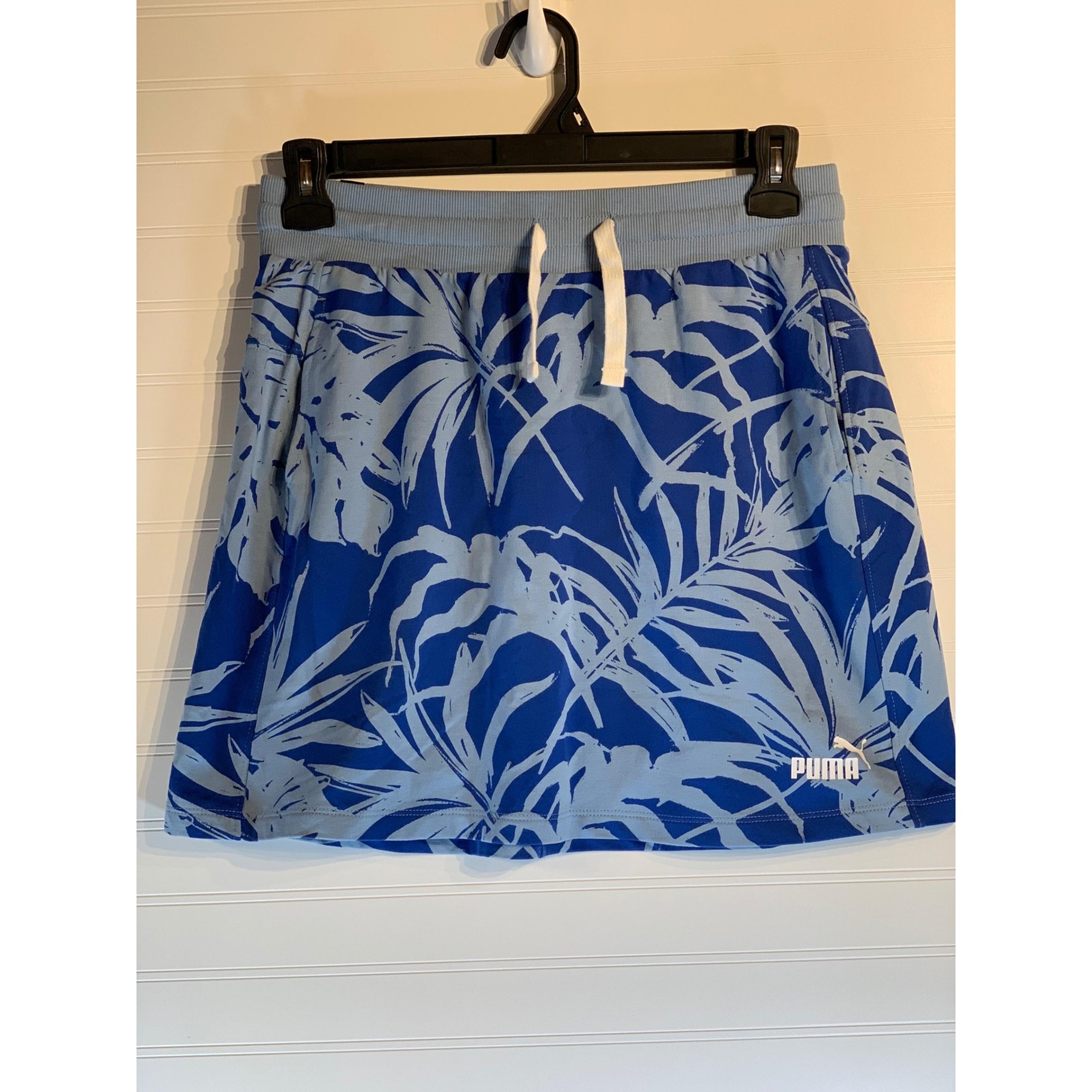Puma Athletic Skirt Blue Palm Print Drawstring Waist Pockets S