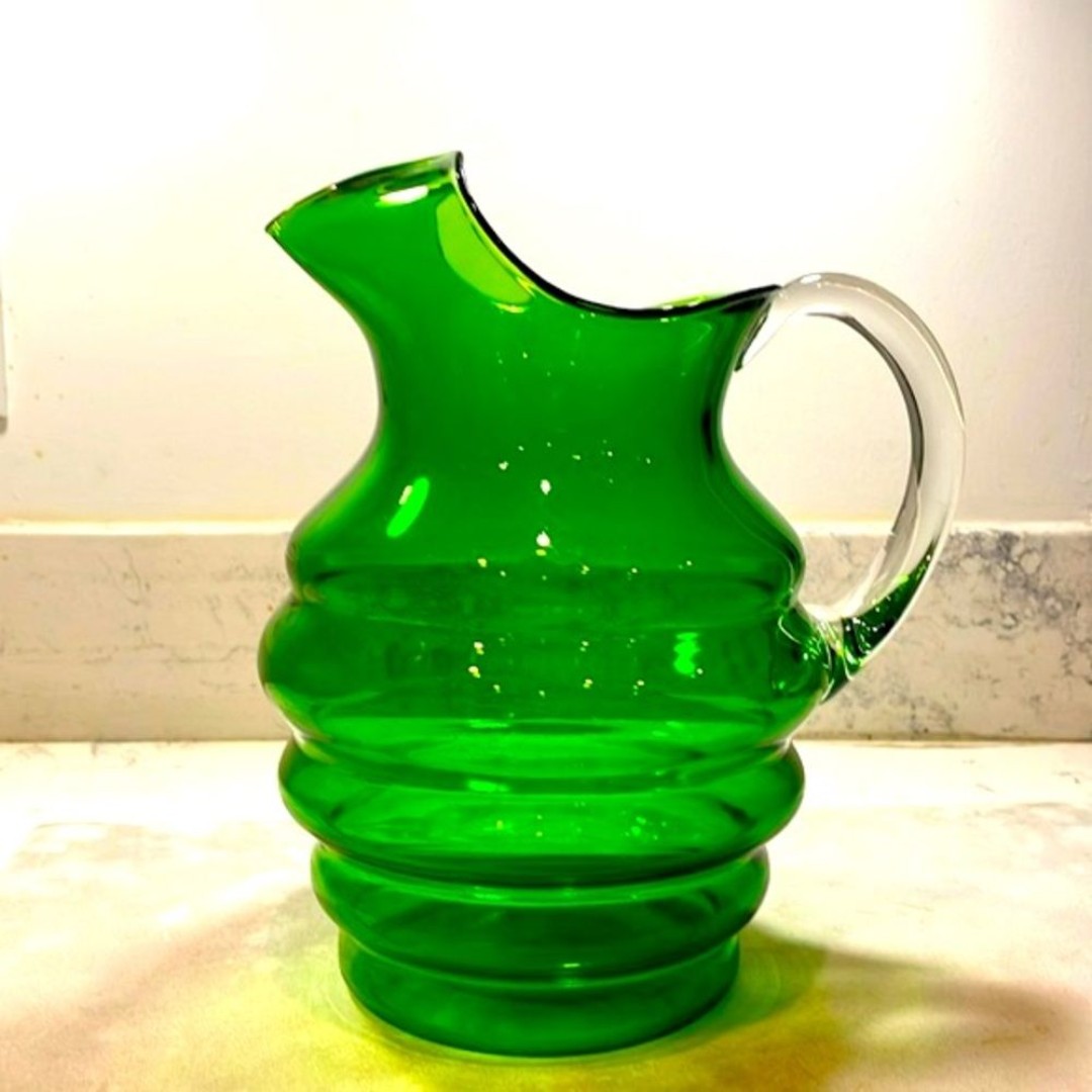 Louie Glass Co. Emerald Green Bubble Pitcher Vintage Art Deco Applied Handle EUC
