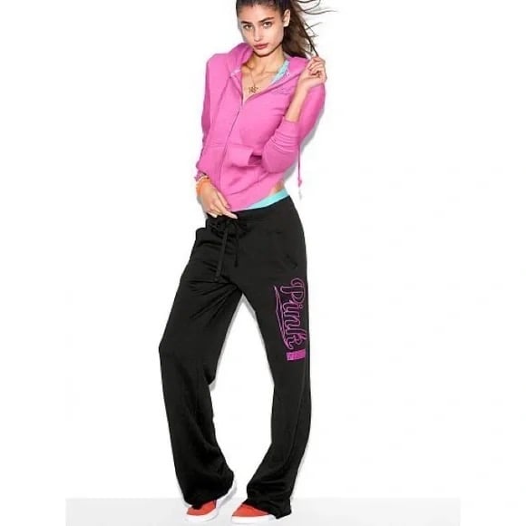 PINK Victoria’s Secret Black Hot Pink Logo Campus Pant Sweatpants