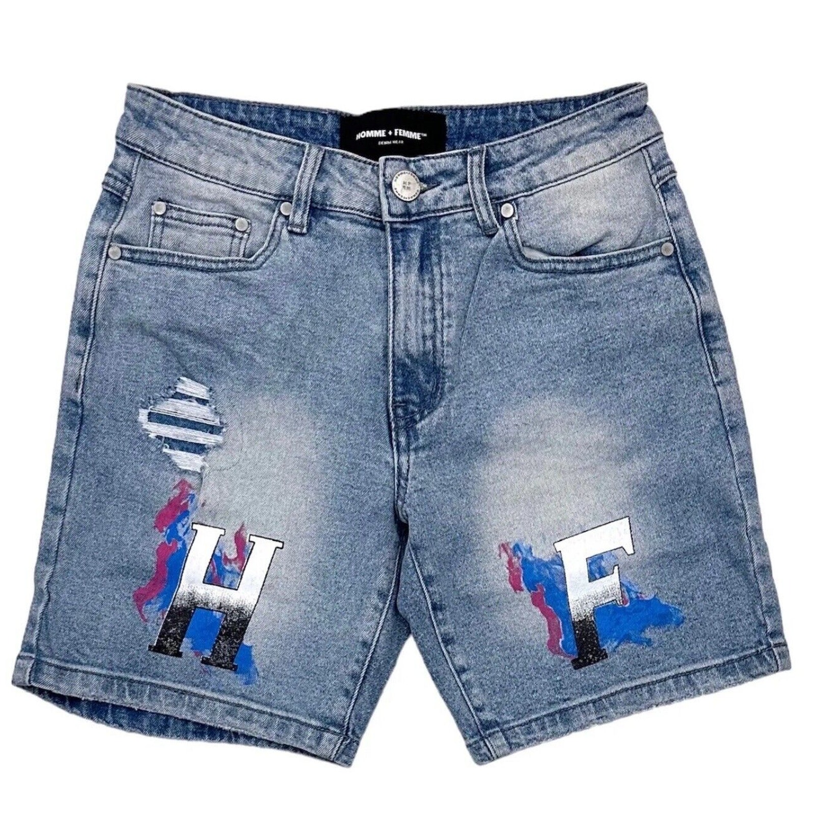 Homme + Femme Men's Hand Paint Logo Distressed Denim Jean Shorts With Rips Sz 32