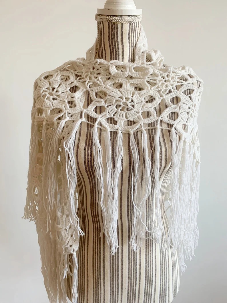 White Crochet Shawl, Boho Triangle Shawl, Vintage Lace Shawl