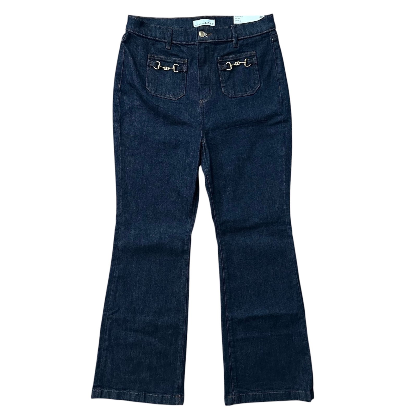 Loft The Slim Flare High Rise Dark Denim Gold Horsebit Jeans Sz 30/10 Petite