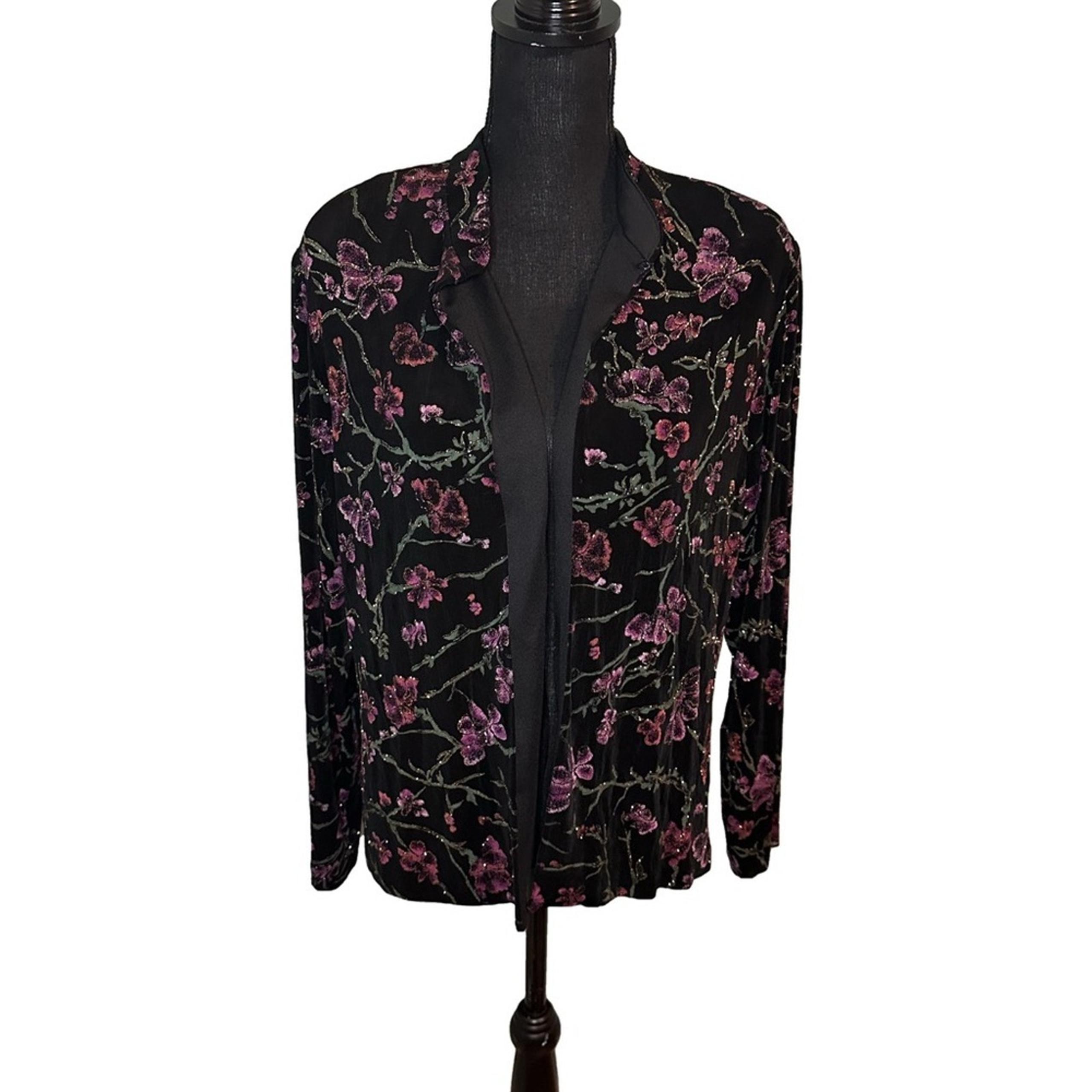 Xscape Black Floral Glittery Open Jacket