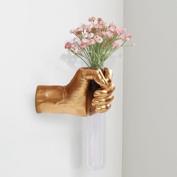 New Gold Wall Sculpture, Hand Vase Home Decor, Funky Glass Test Tube for Decor