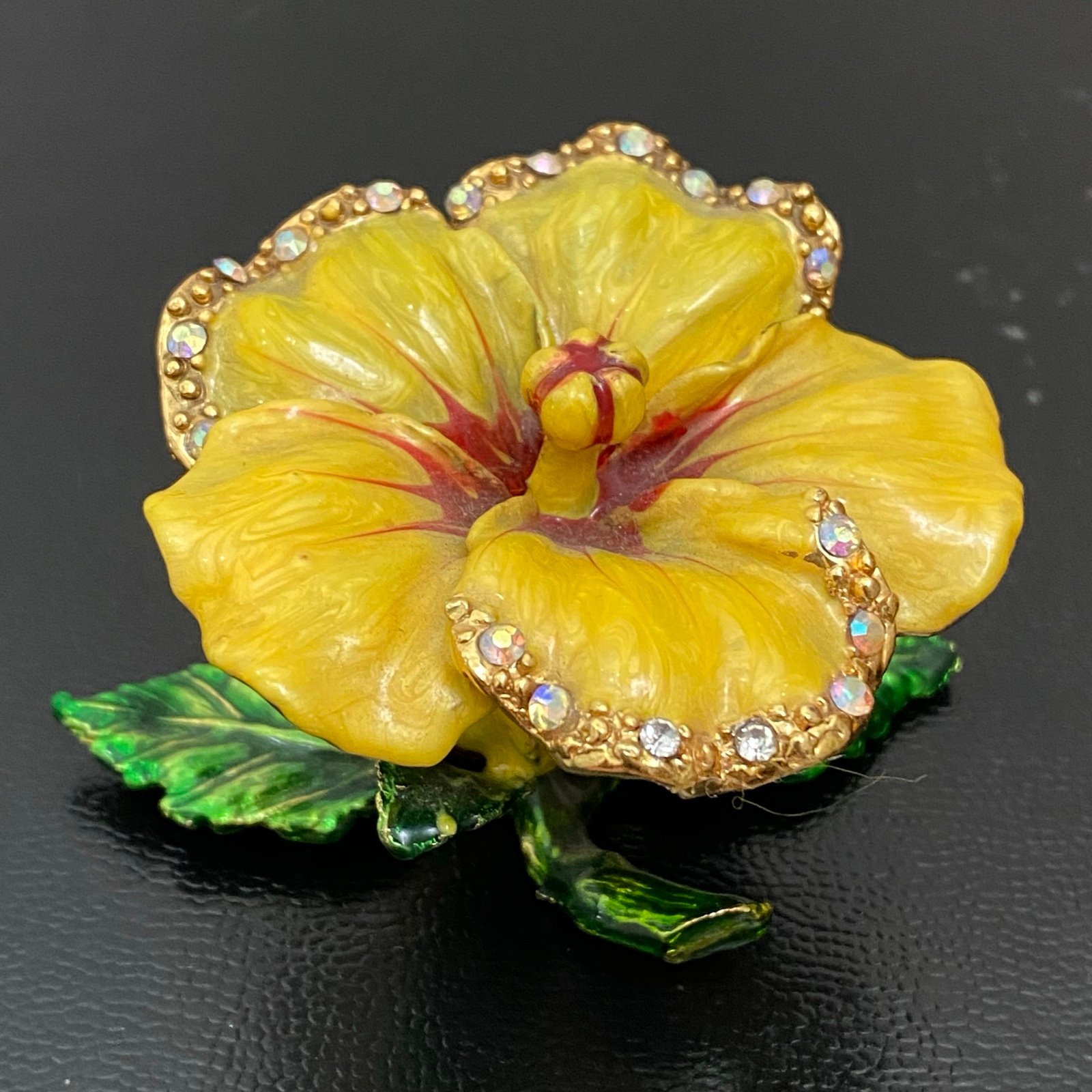 Objet d Art Yellow Hibiscus Flower Enameled Trinket Box