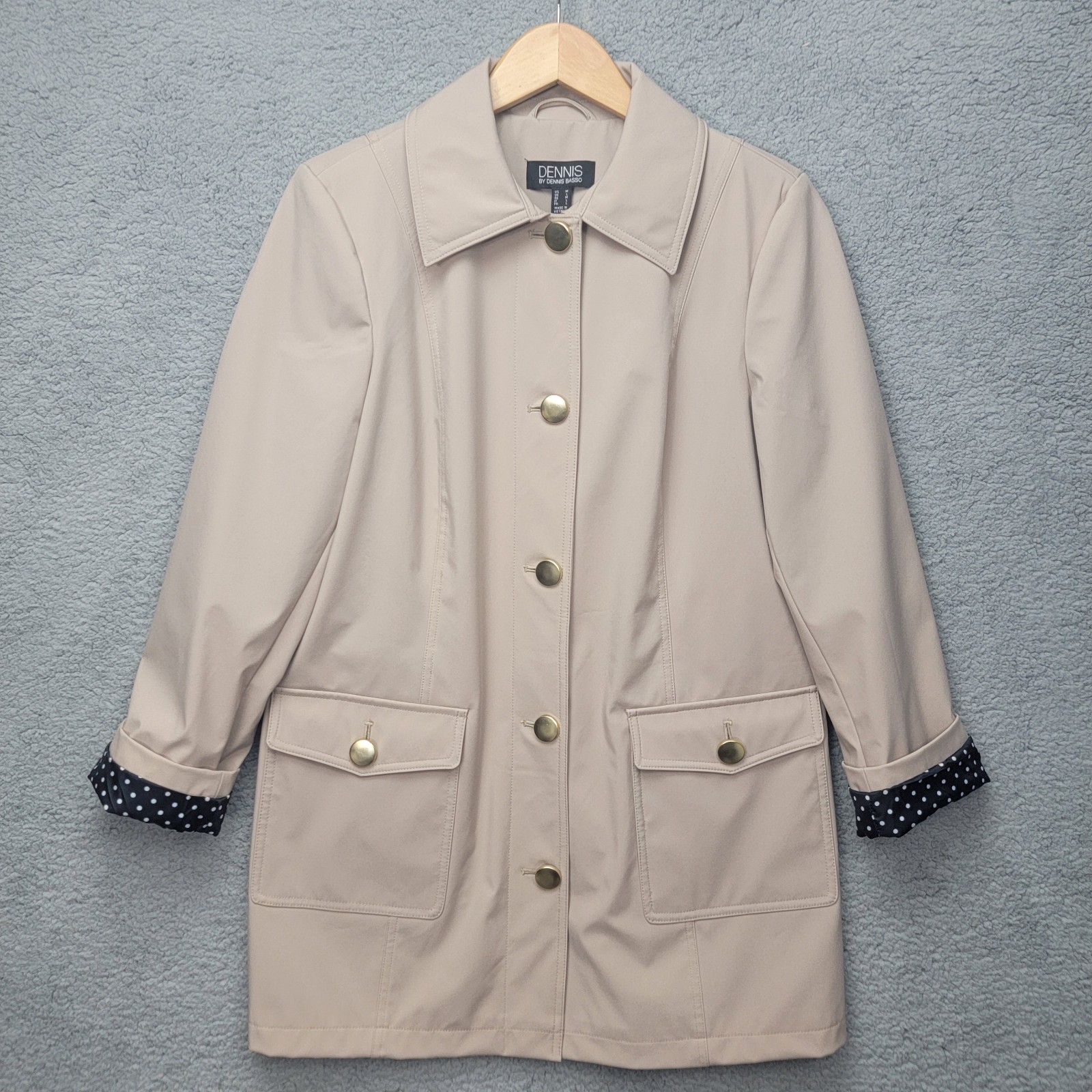 DENNIS BY DENNIS BASSO Khaki Waterproof Safari Trench Coat Jacket PolkaDot Sz M
