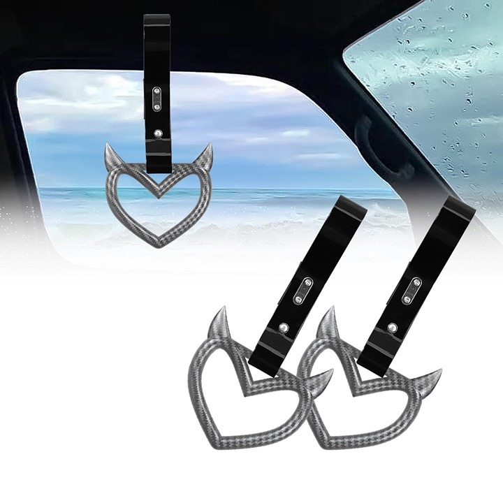 New 2PCS Devil Heart Carbon Fiber JDM TSURIKAWA Black Handle Strap Charm Drift