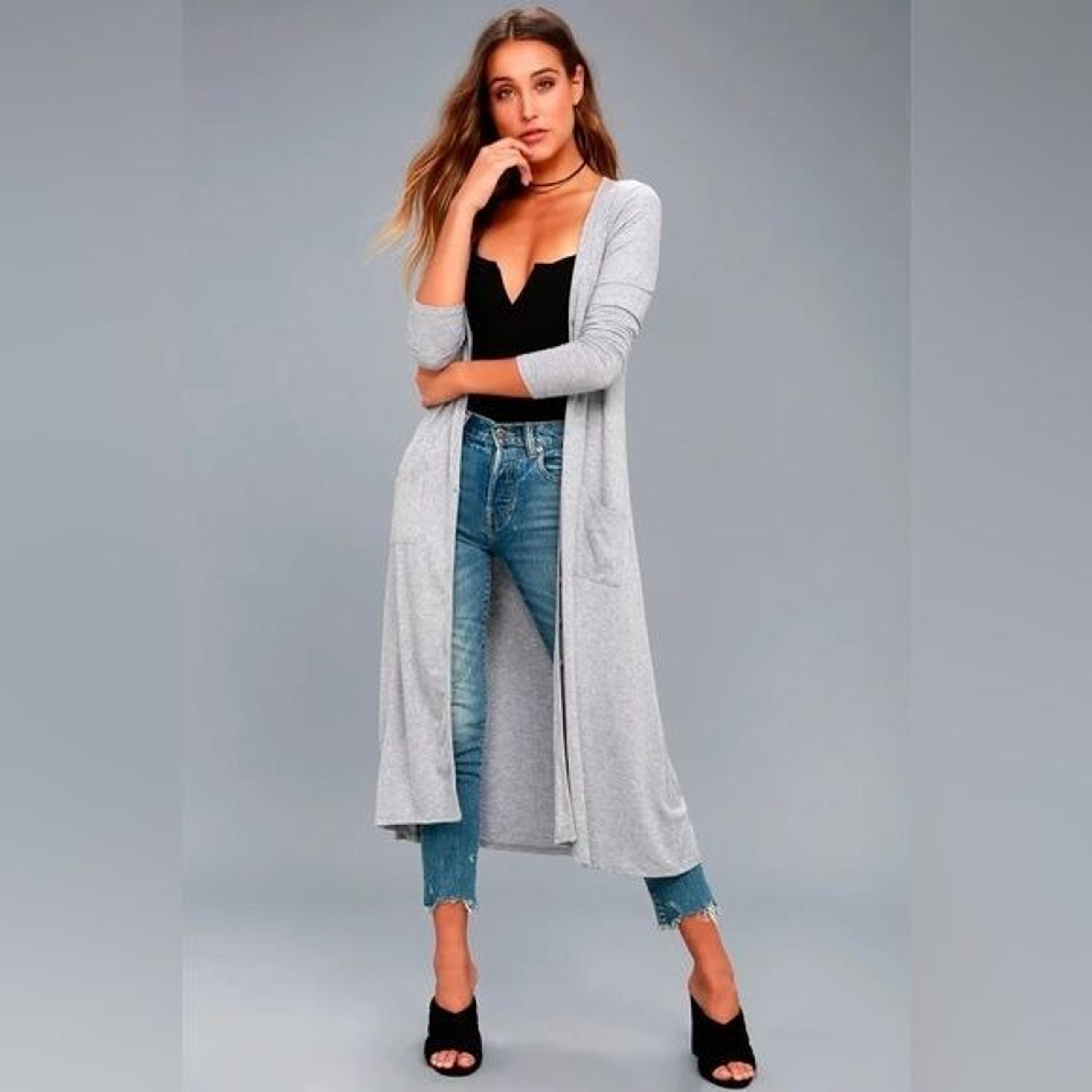 Lulus Graceful Ways Heather Grey Long Cardigan Sweater, Size S