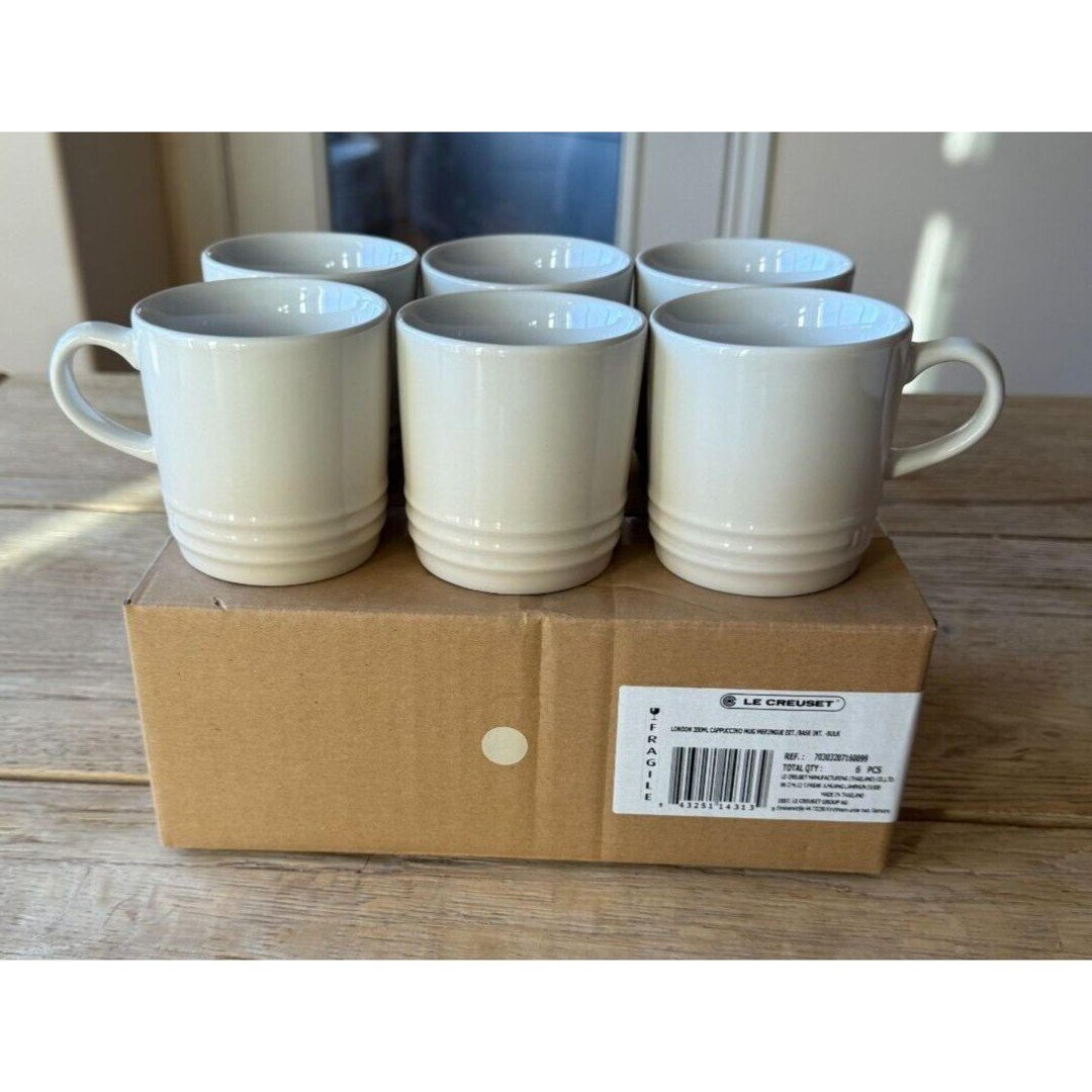 Le Creuset Stoneware Set of 6, 6oz London Cappuccino Mugs Meringue NEW