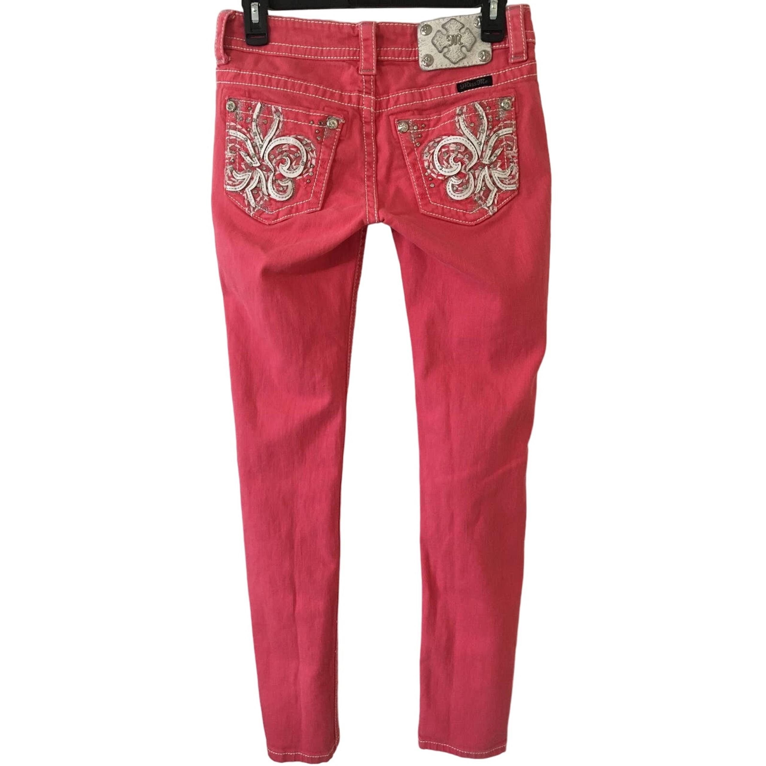 Miss Me Melon Fleur De Lis Jeans Size 26 Skinny Leather & Rhinestone Pockets