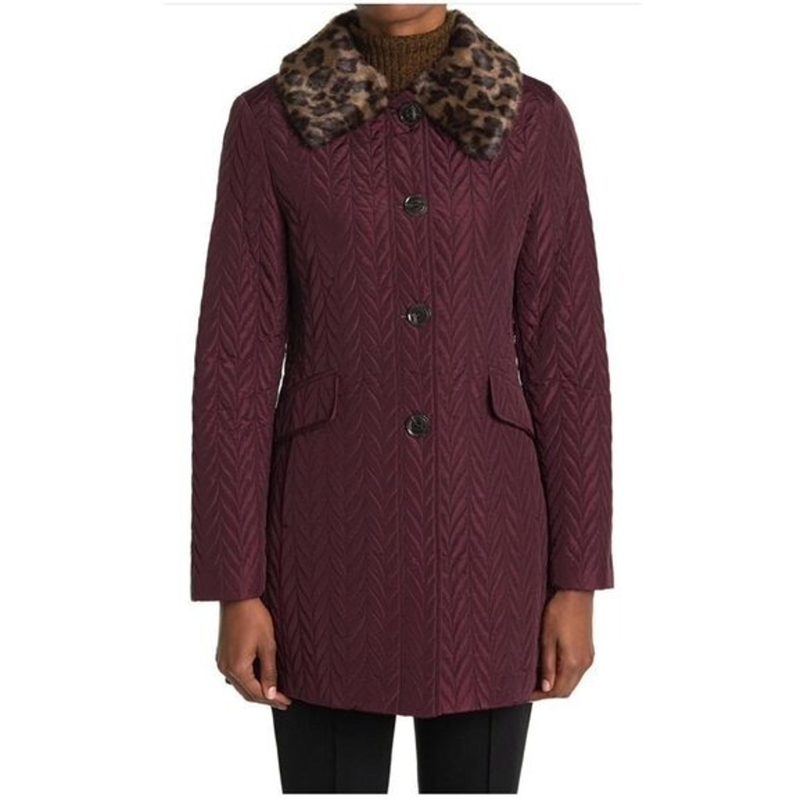 Kate Spade Womens Plum Quilted Leopard Faux Fur Collar Pea Coat Sz S NWT