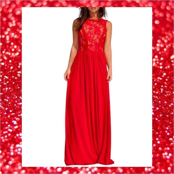 Formal Red Lace Sparkle Bodice Chiffon Gown Long Maxi Dress R & M Richards