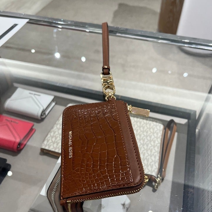 Small Crocodile Embossed Leather Zip Card Case