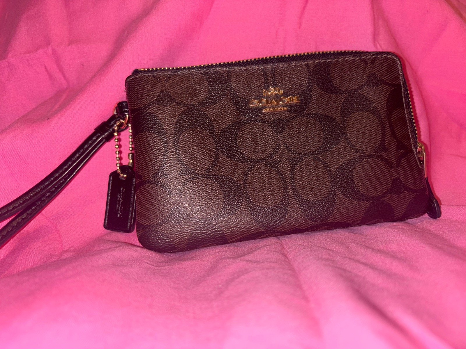 Coach wristlet wallets for women with double zipper brown