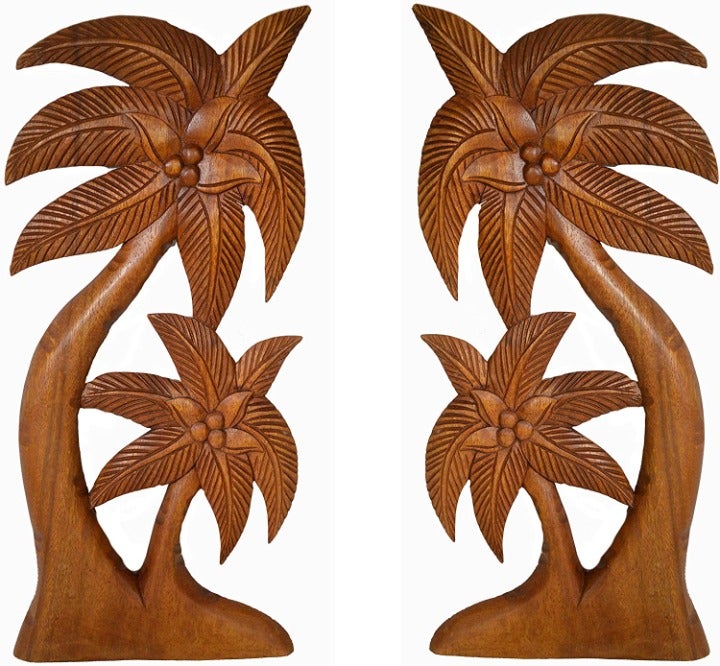 Set of 2 Mahogany Wood Palm Tree Wall