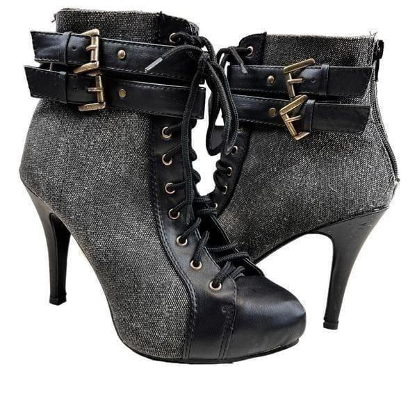 Ollio Women's Lace Up Military Buckle Stiletto Heel Ankle Boot Black Gray Size 8