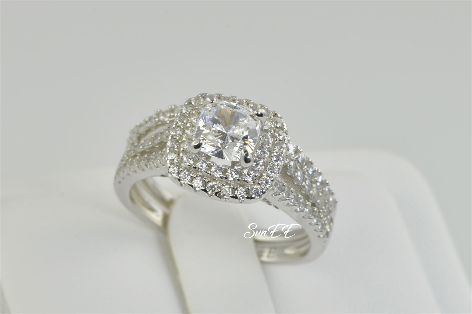 New Real 925 Sterling Silver 2.3ct Halo Cushion Diamond Cut Wedding Ring