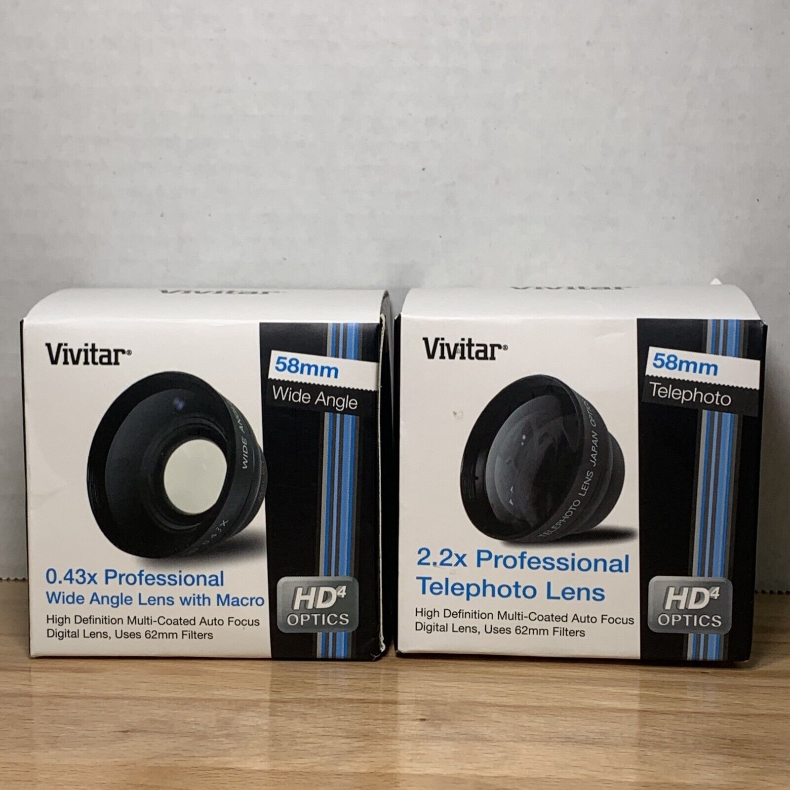 2Pc Vivitar 58mm Telephoto & Wide Angle Camera Lenses .43X 2.2X HD4 Optics 2017