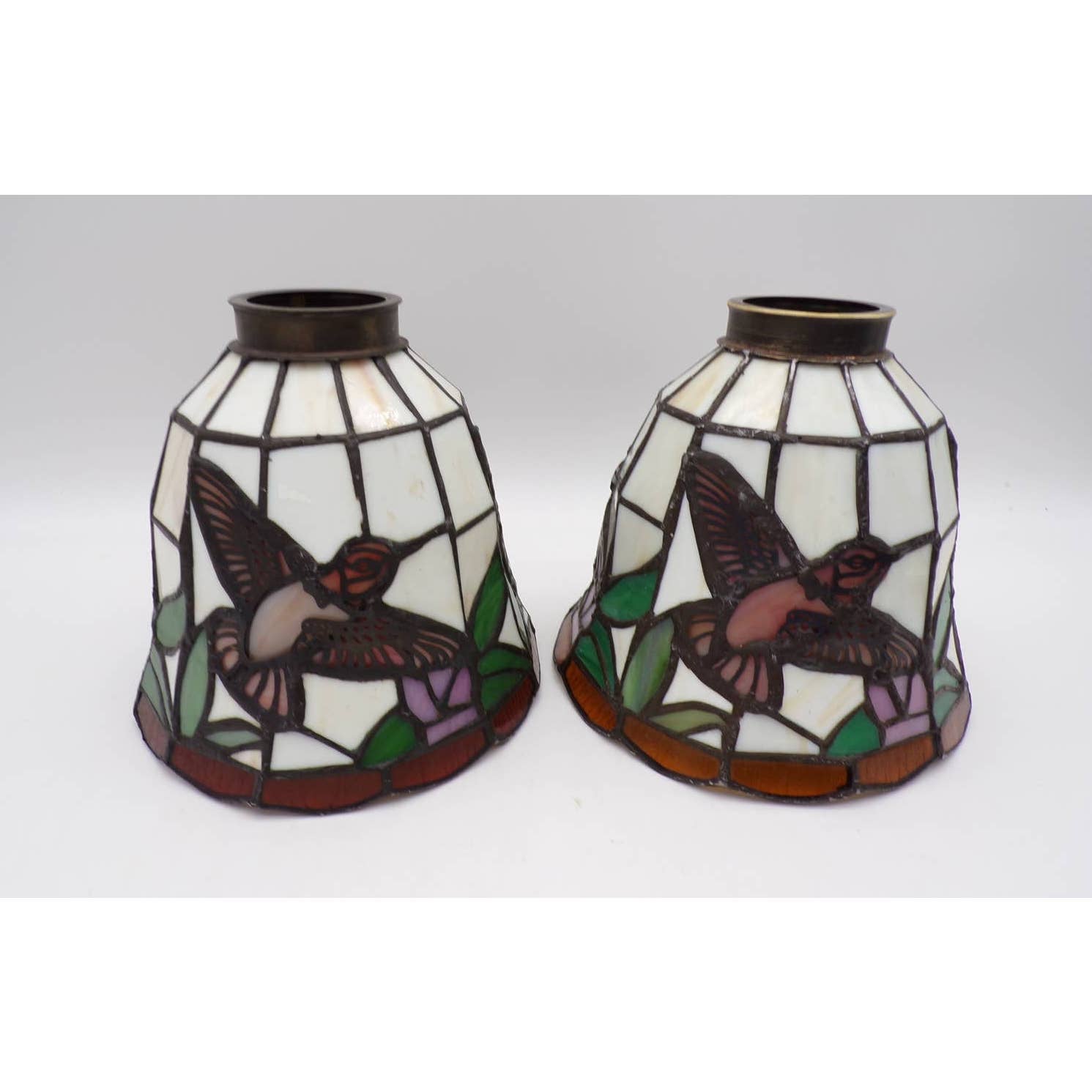 2 Vintage Slag Glass Stained Glass Pendant Lamp Shades 6 Filigree Hummingbirds