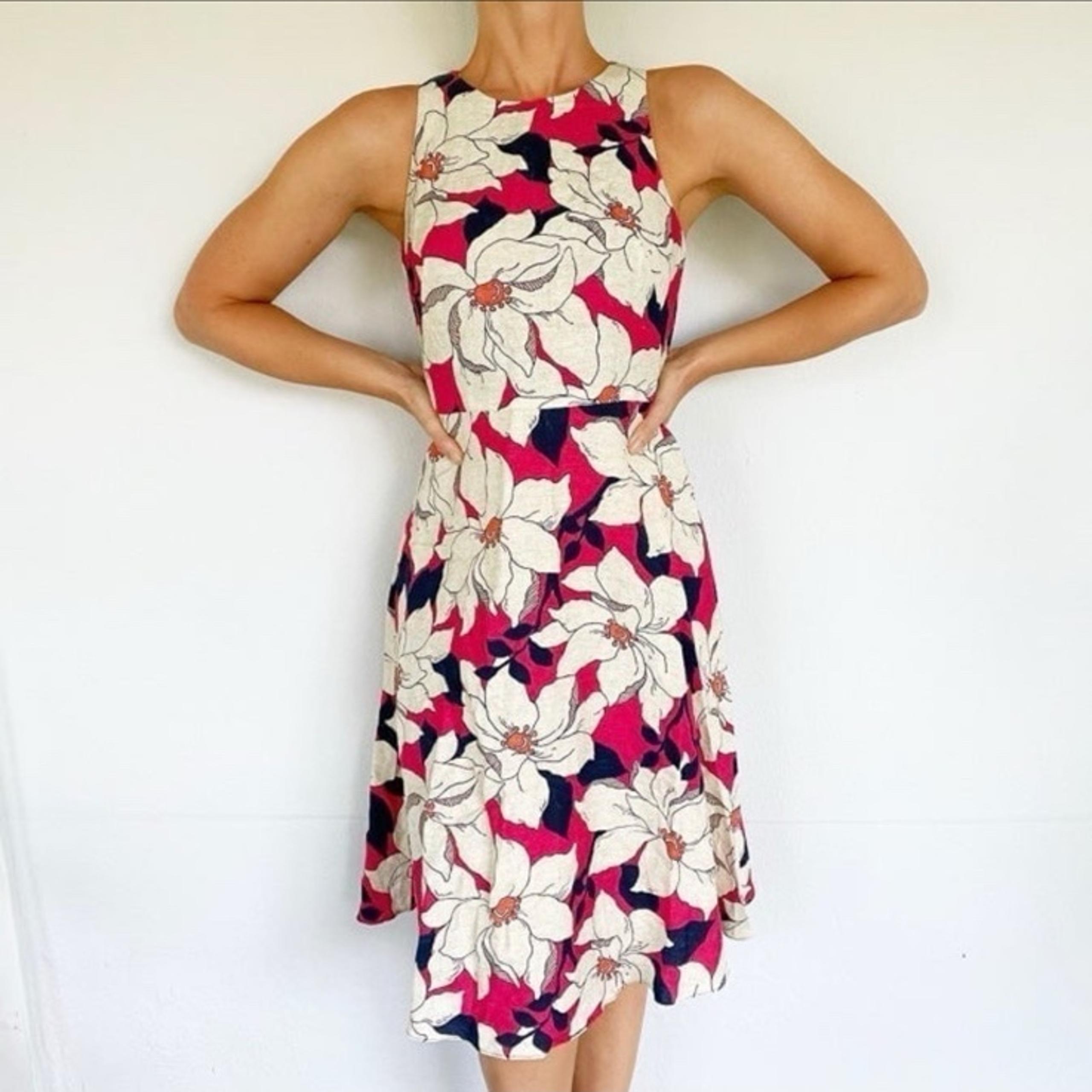 Ann Taylor red beige navy floral sleeveless linen midi dress size 0P