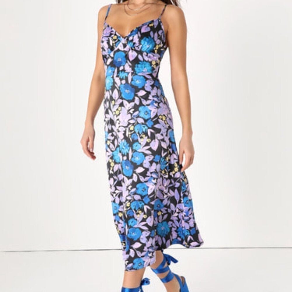 NWT Lulu's Going for Bold Blue Floral Satin Tie-Back Midi Dress Women's Size S