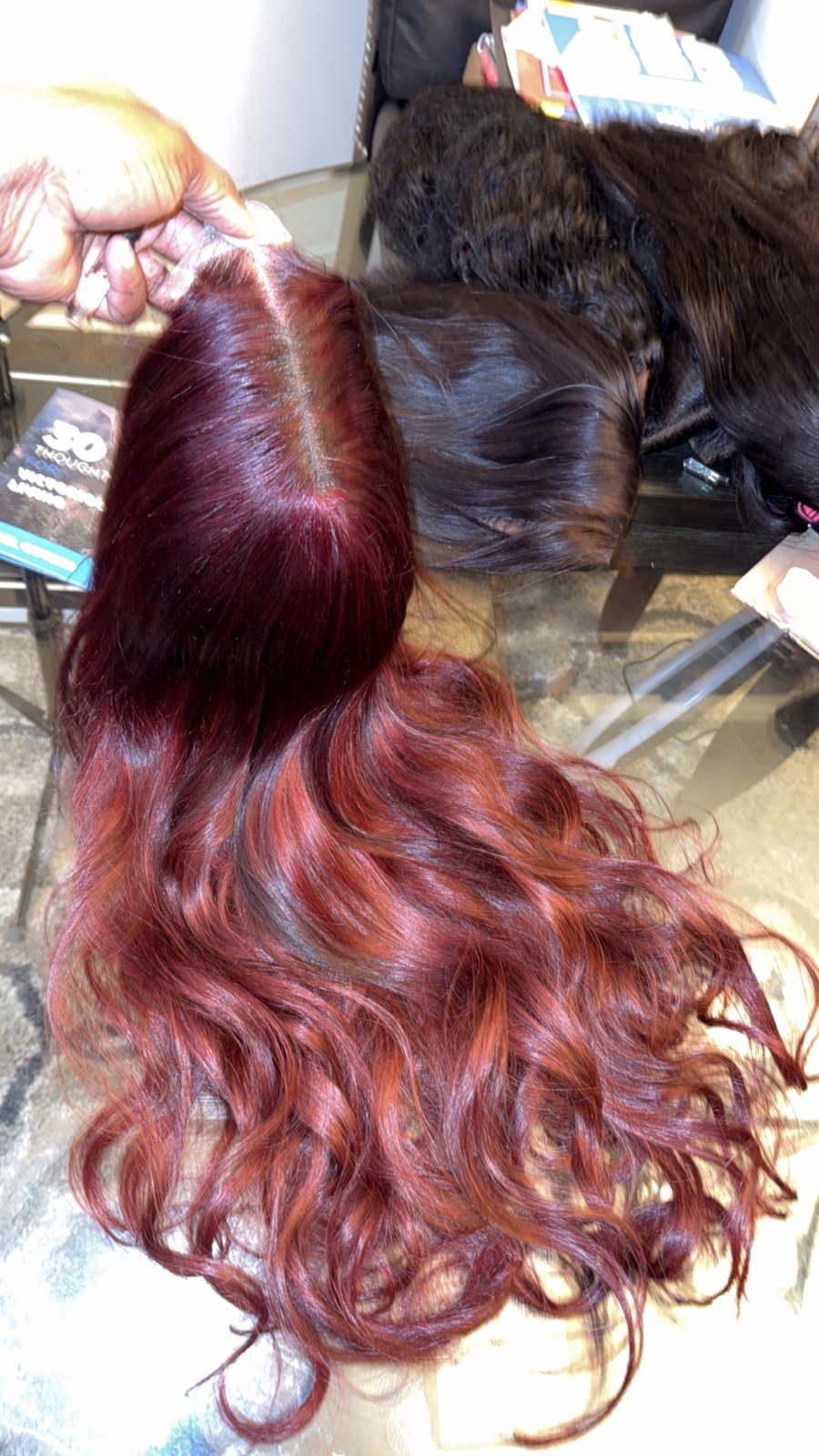 28” raw burgundy glue less wig