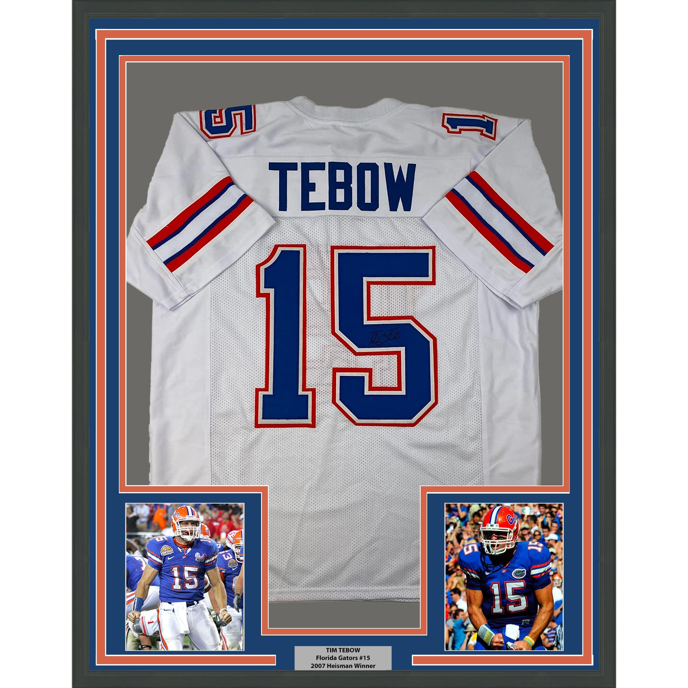 Framed Facsimile Autographed Tim Tebow 35x39 Florida White Auto Jersey Size M