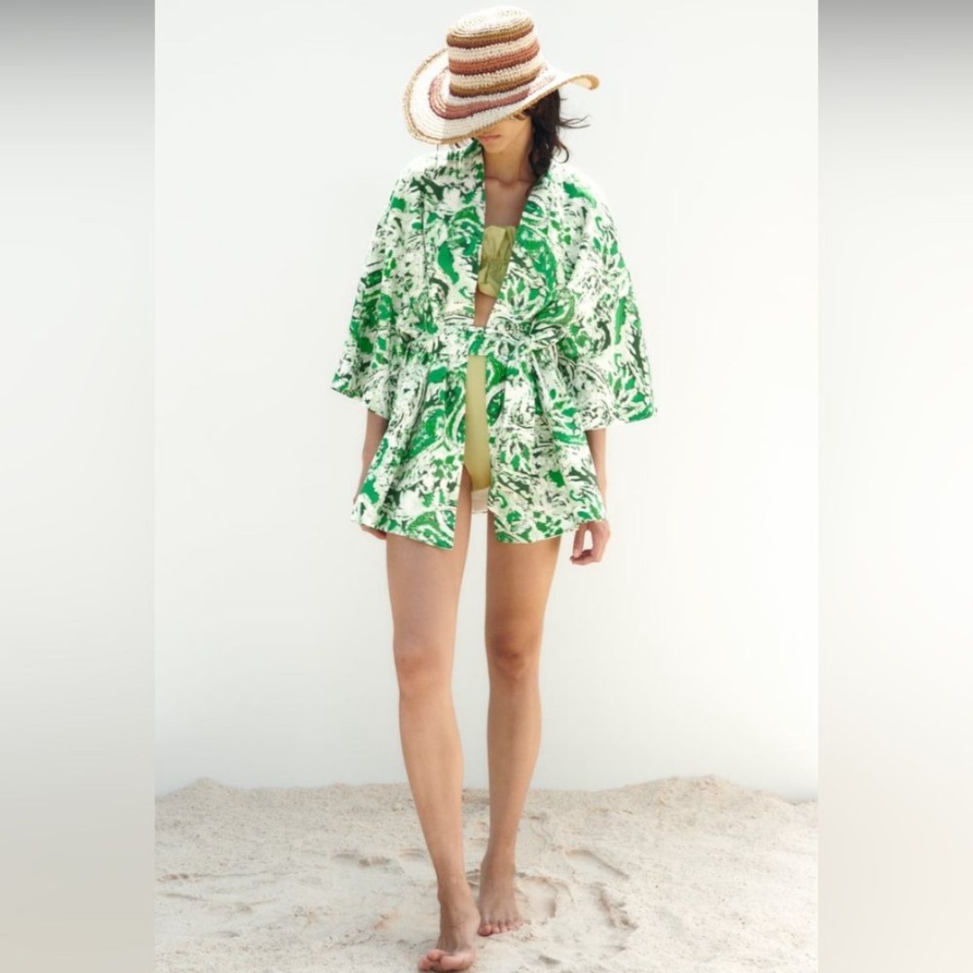 ZARA Linen Blend Printed Kimono Printed White + Green Size M/L