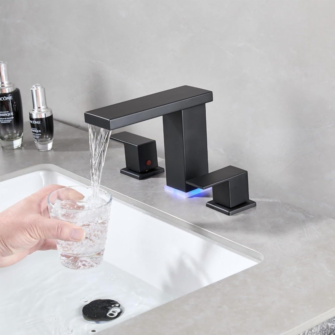 Matte Black 8-Inch Widespread Bathroom Sink Faucet w/ LED Light /Popup Drain
