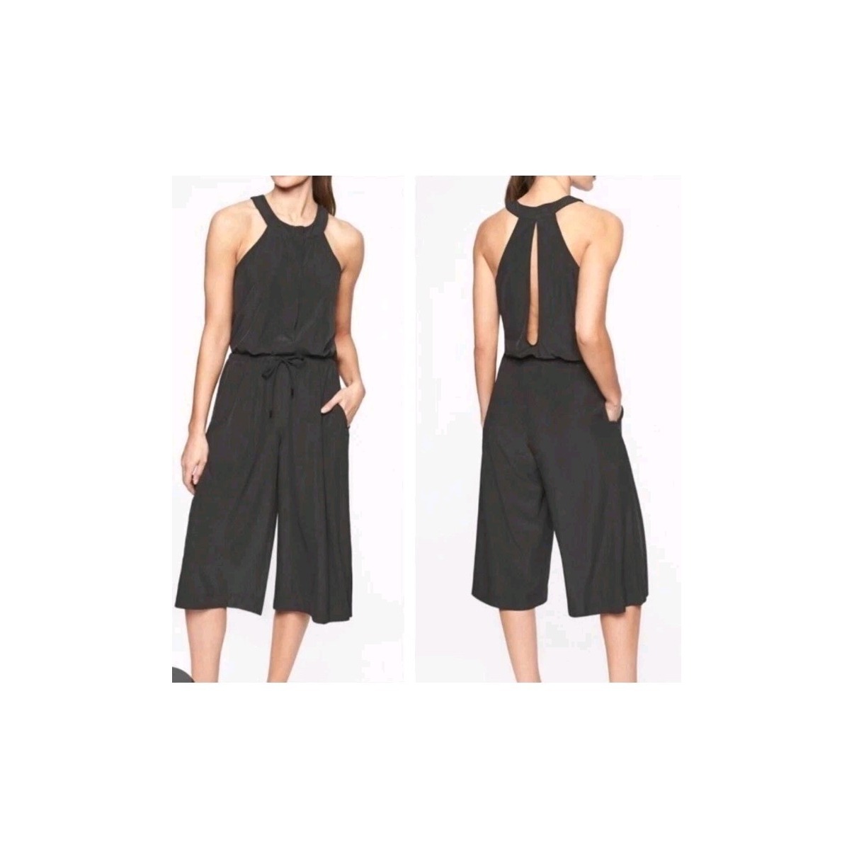 Athleta Mercer Black Romper Jumpsuit Wide Leg Quick Drying Pockets Size 16