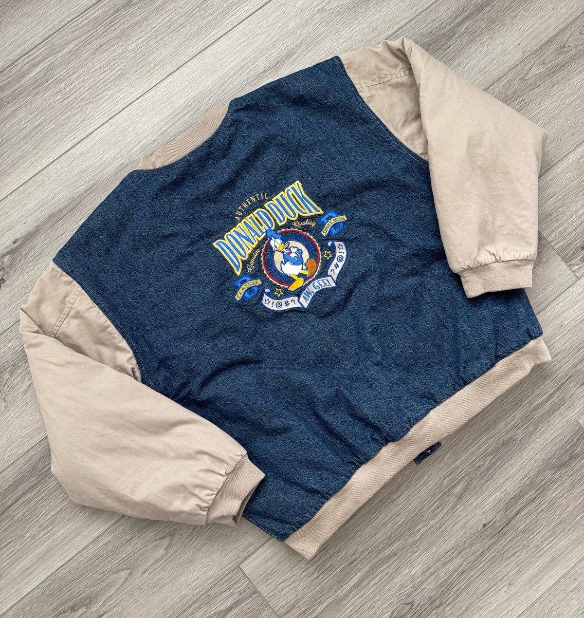 Vintage 90s Walt Disney World Varsity Jacket Denim Bomber Donald Adult - sz L