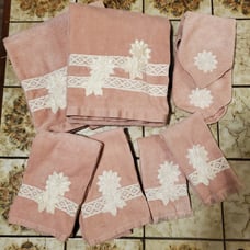 2 sets Fancy Bath Hand Face Finger Towels dusty rose with satin & lace trim 8 PC