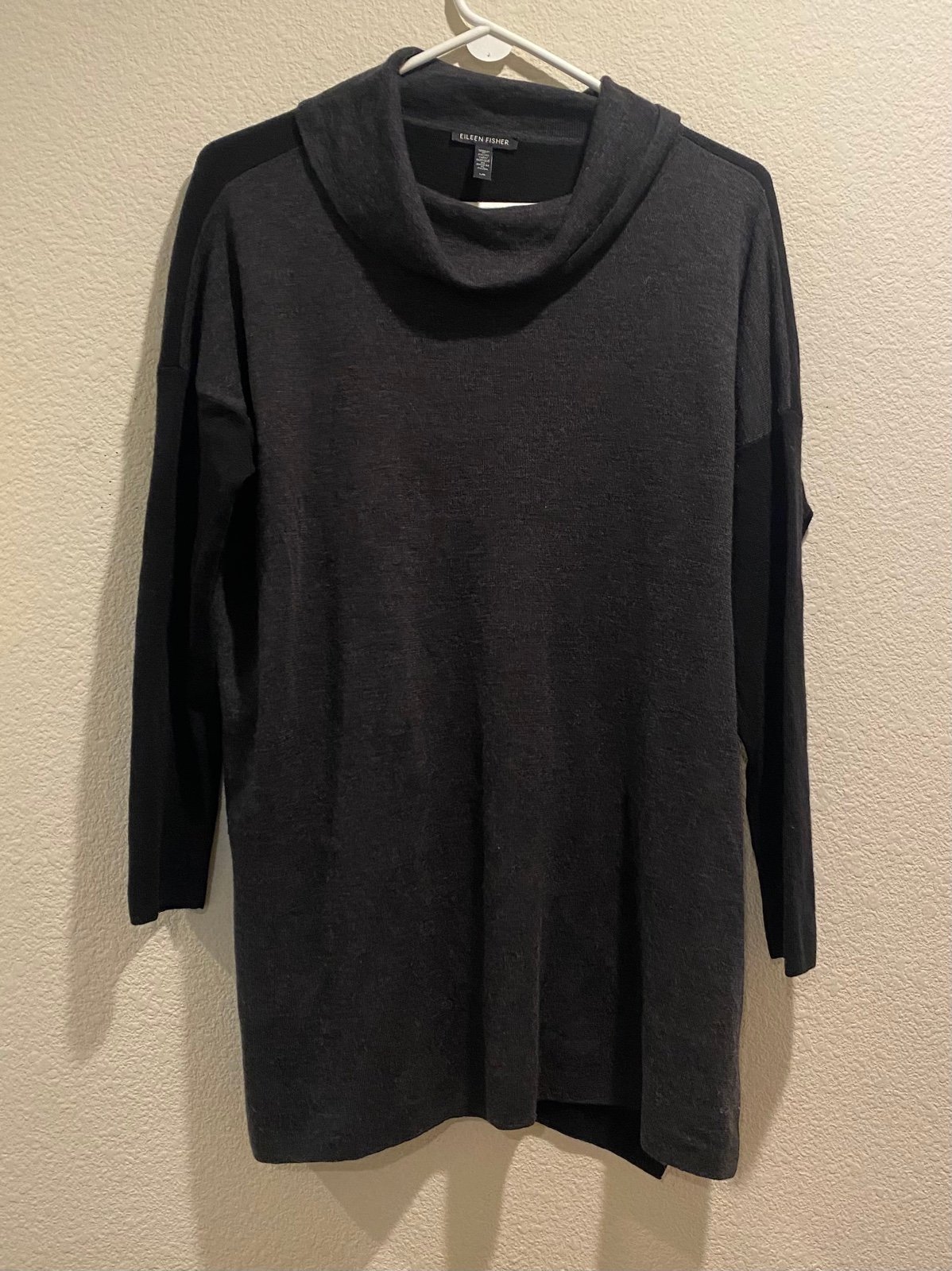 Eileen Fisher Charcoal Gray Black Merino Wool Colorblock Turtleneck Sweater Sz L