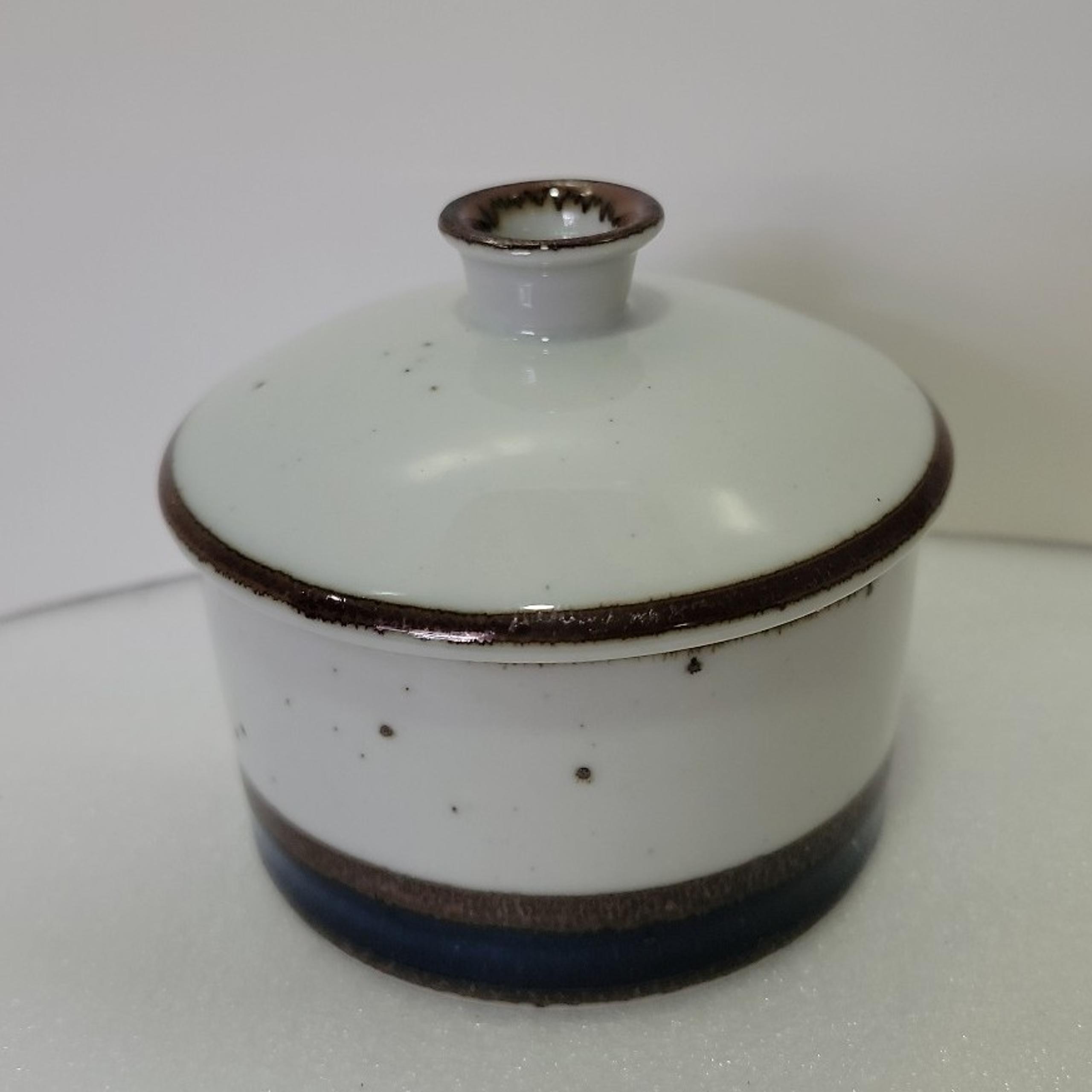 Dansk Blue Umber Sugar Bowl With Lid Speckled Background Blue/ Brown Band