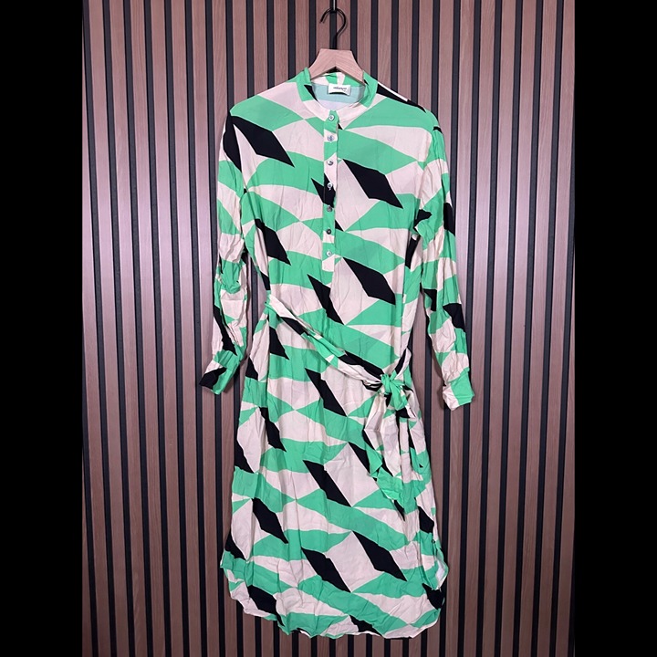 OTTOD'AME Shirt Dress US 12 / L Womens Green Chevron Long Sleeve Belted Maxi