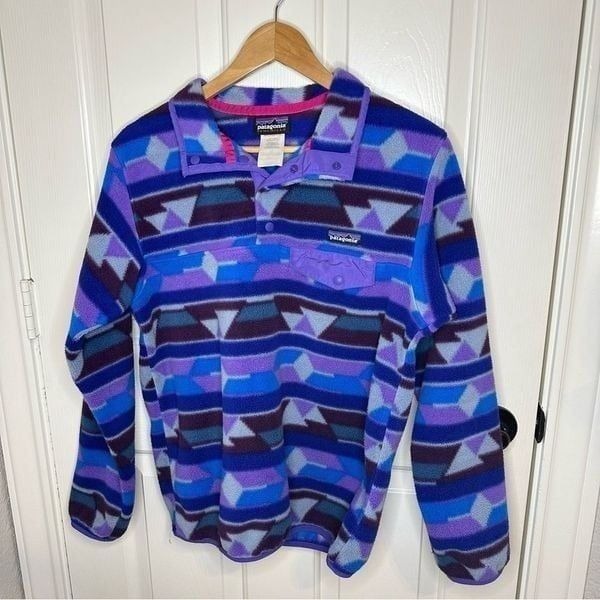 VTG Patagonia Synchilla Blue Purple Aztec Print Fleece Sz S Indie Boho Skater