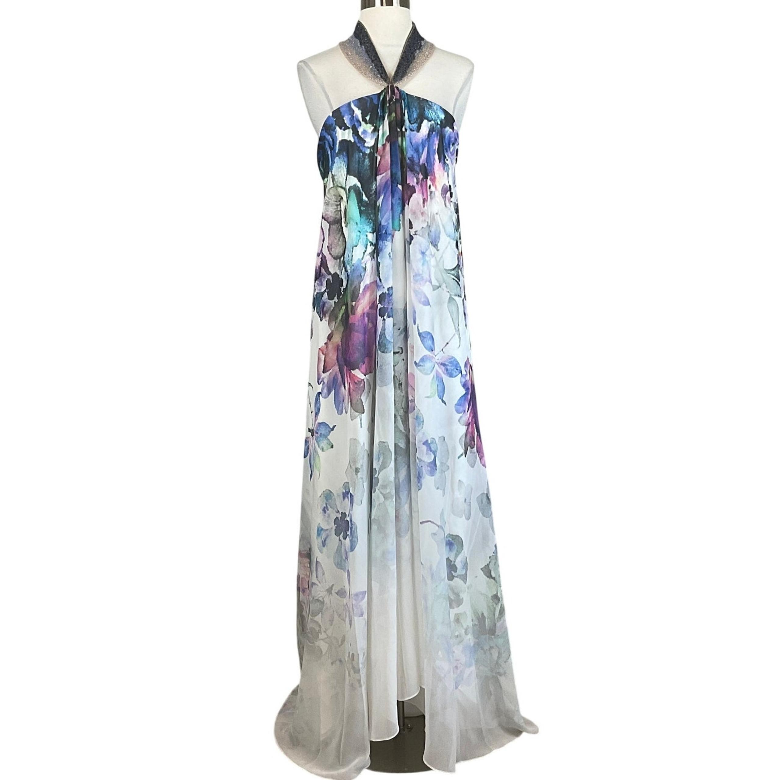 Badgley Mischka Women's Formal Dress Size 10 White Floral Backless Halter Gown