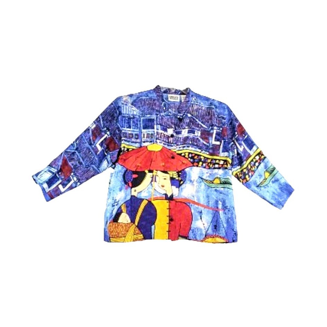 CHICO'S Design Colorful Japanese Geisha Button Up Top 100% Silk 3/4 Sleeves Sz 0