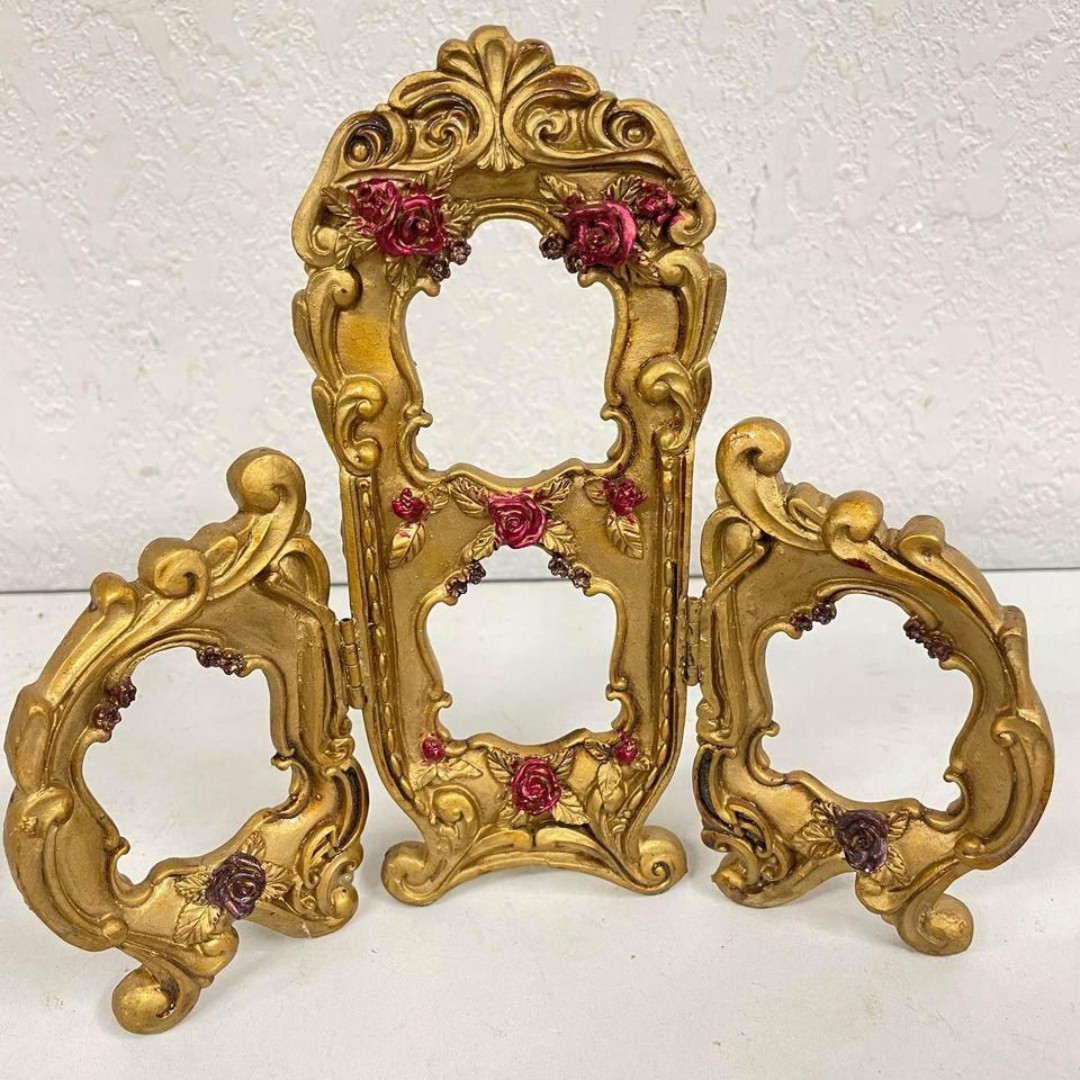 VTG Victorian Style Gold 4 Picture Frame Folding Stand Hollywood Regency Roses
