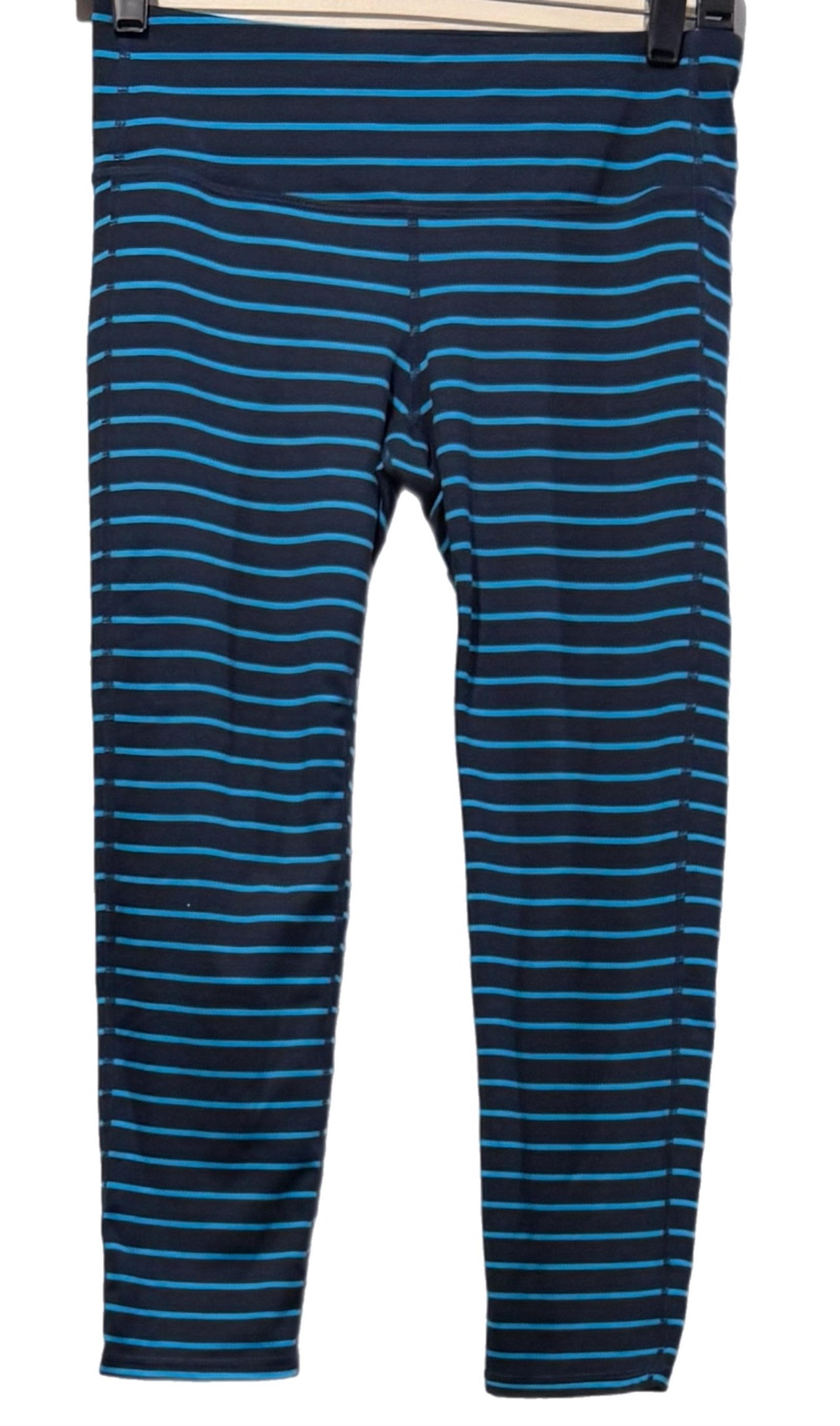 Athleta (T) Stripes Chaturanga Capri Leggings STall Navy Blue Stretch Yoga EUC