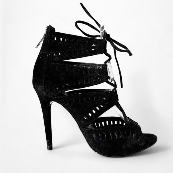 Zara Black Suede Leather Lace Up Peep Toe Ankle Bootie Stiletto Heels Size 6
